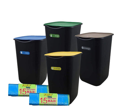 Lot de 3 poubelles fermées pour le tri sélectif, 50 L + une poubelle supplémentaire de 50 L pour les déchets non triés, avec 30 sacs à poignées, format maxi 70 x 75 cm
