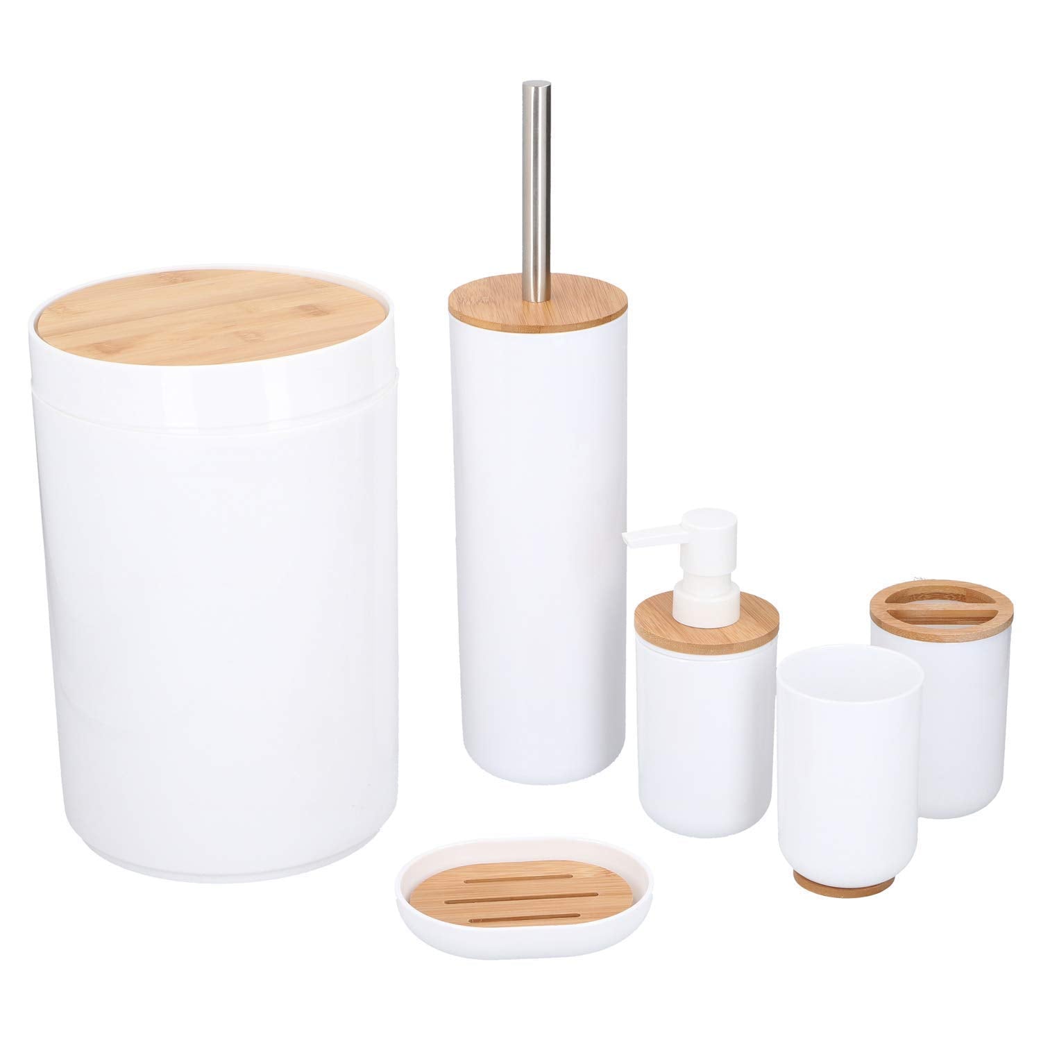 Set da bagno e WC, 6 pezzi, con bicchiere, dispenser per sapone, piattino portasapone, contenitore per rifiuti, scopino per WC con supporto, in plastica e bambù