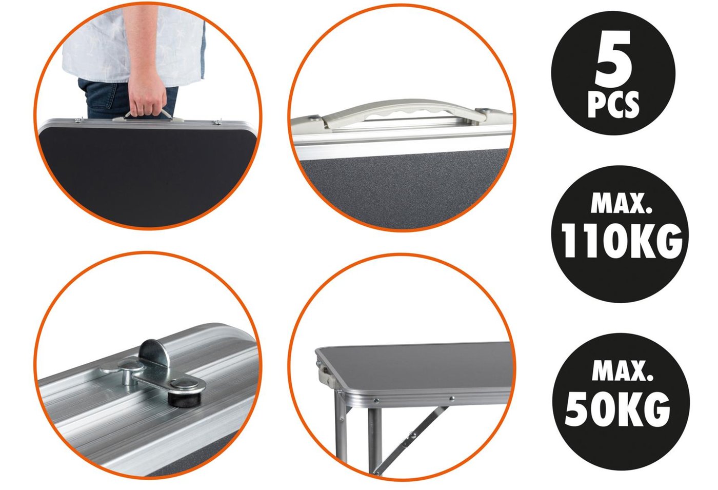 Set Tavolo Pieghevole 5in1 con 4 Sedie | Altezza Regolabile 3 Livelli | Campeggio, Picnic, Giardino | Nero