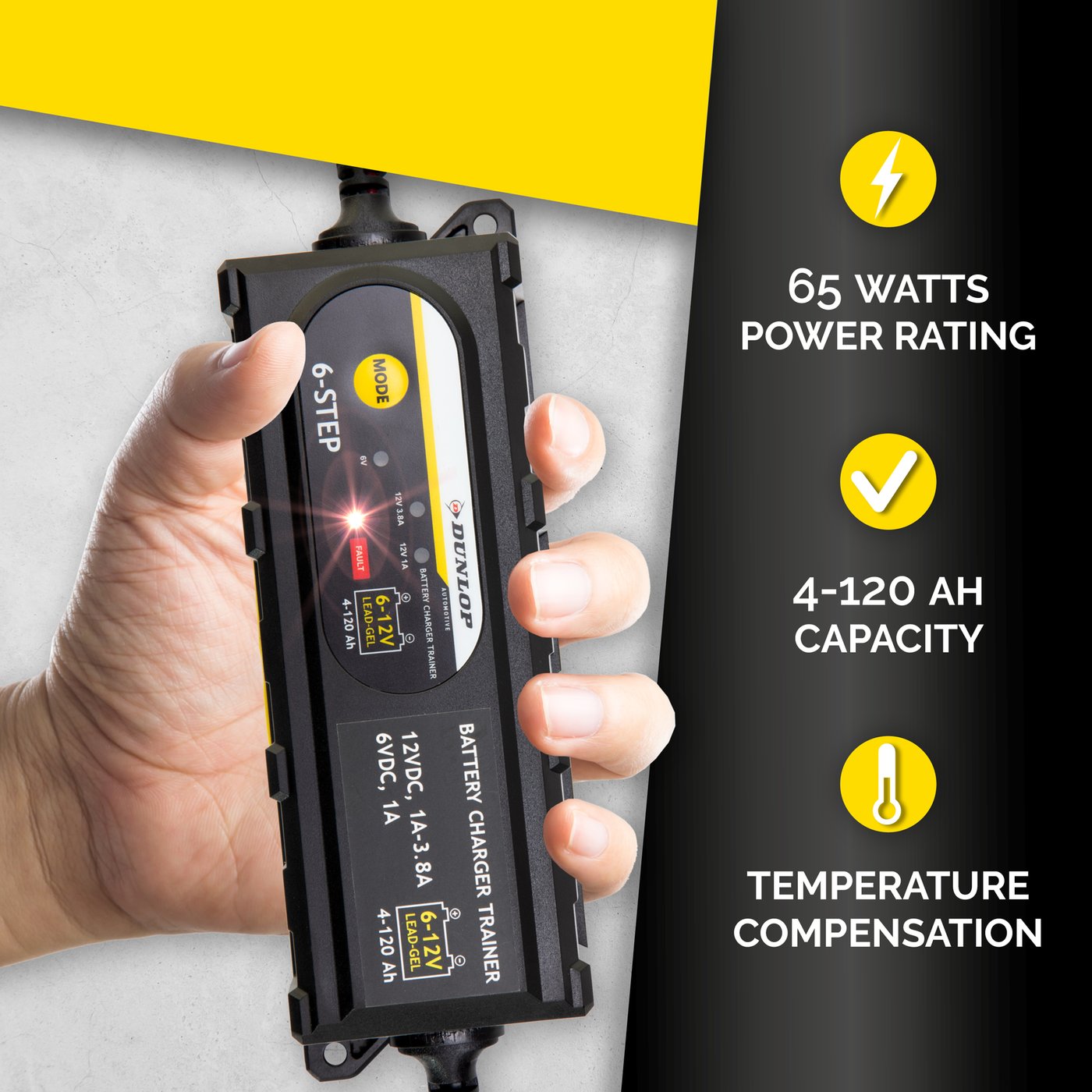 Caricabatterie Intelligente Dunlop 3,8A 6V/12V | 6 Stadi | Batterie Piombo-Acido e Gel 4Ah–120Ah | Auto, Moto, Barca