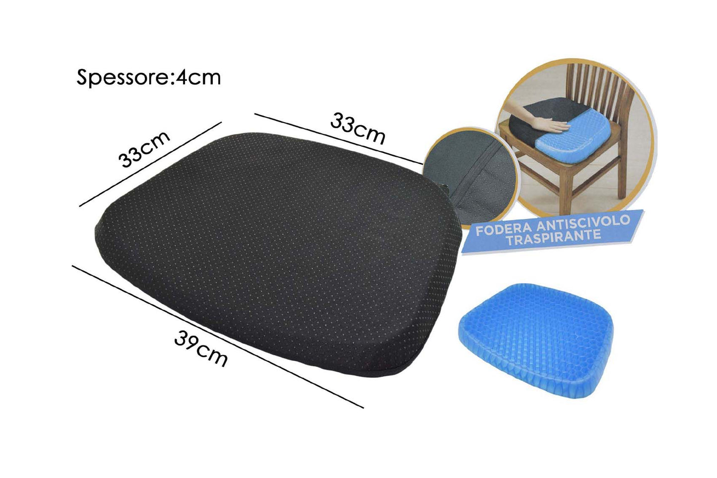 Cuscino Gel Ortopedico per Postura 42x35cm - Allevia Sciatica, Mal di Schiena, Coccige - Con Fodera 970g