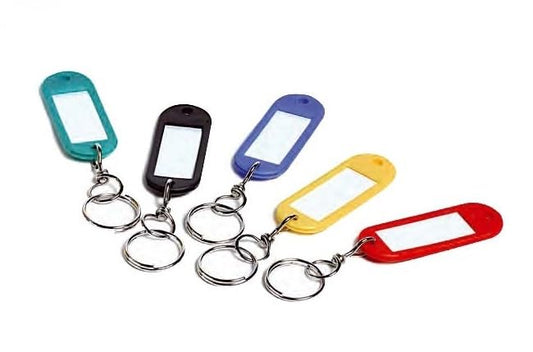 FERCASASHOP® 100 étiquettes porte-clés, étiquette porte-clés 10 couleurs, utilisée pour les bagages, pour les noms d'animaux de compagnie, étiquette porte-clés rotative 56 X 22 mm.