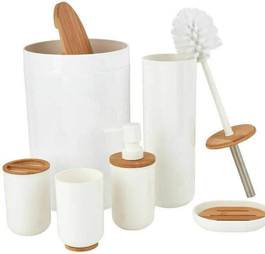 Set Accessori Bagno 6 Pezzi, Bianco e Bambù Naturale, con Portasapone, Portaspazzolini, Pattumiera