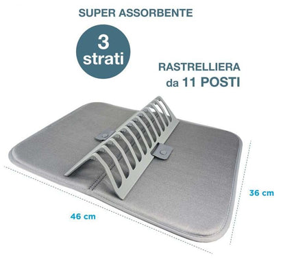 Tappetino Scolapiatti in Microfibra Super Assorbente con Rastrelliera, 46x36 cm, Lavabile in Lavatrice, 3 Strati, per Cucina e Camping