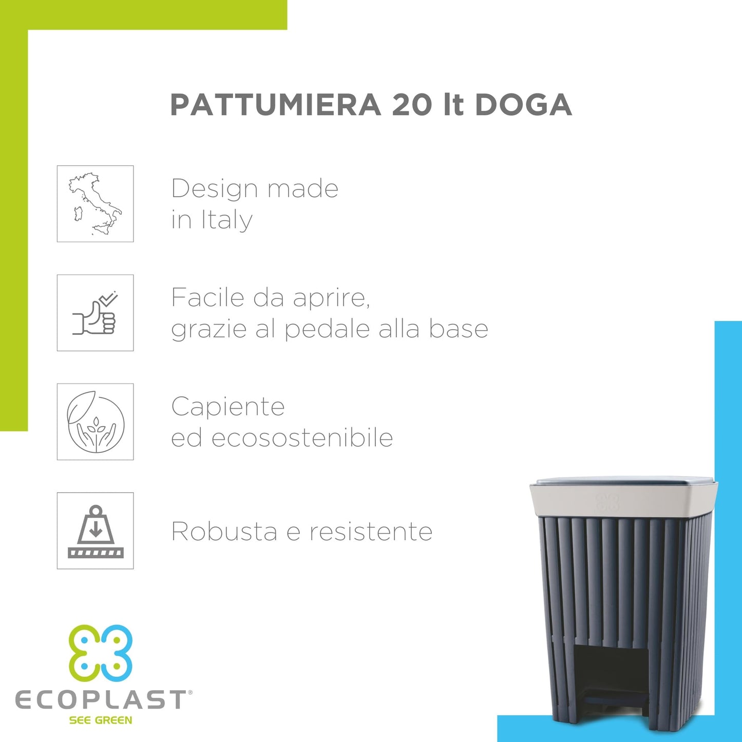 Pattumiera a Pedale Ecoplast 20L - Contenitore Igienico con Coperchio Made in Italy