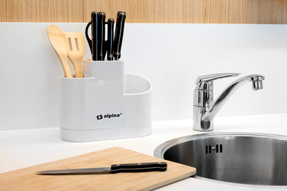 Organisateur de cuisine Alpina : bloc à couteaux et porte-ustensiles – Plastique/Bambou – Blanc