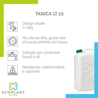 Tanica Ecoplast per Liquidi e Oli - Contenitore Plastica Resistente 5-10-15-20 Litri con Tappo Ermetico
