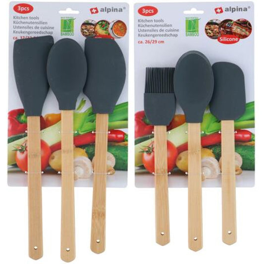 Set 6 Utensili da Cucina in Silicone e Bambù - Spatole, Cucchiai, Pennello - Resistenti 260°C