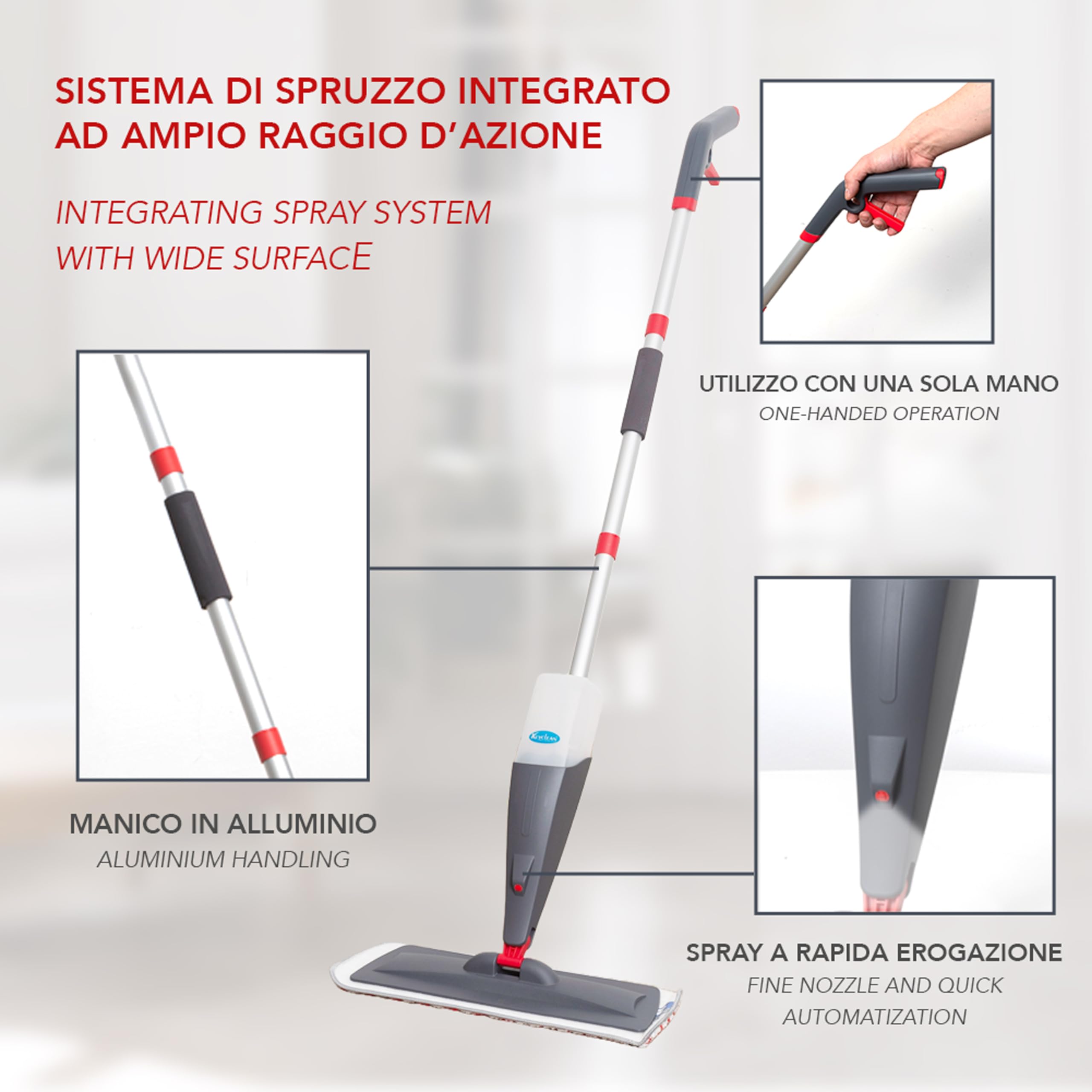 Scopa Lavapavimenti a Spruzzo in Alluminio con Panno in Microfibra