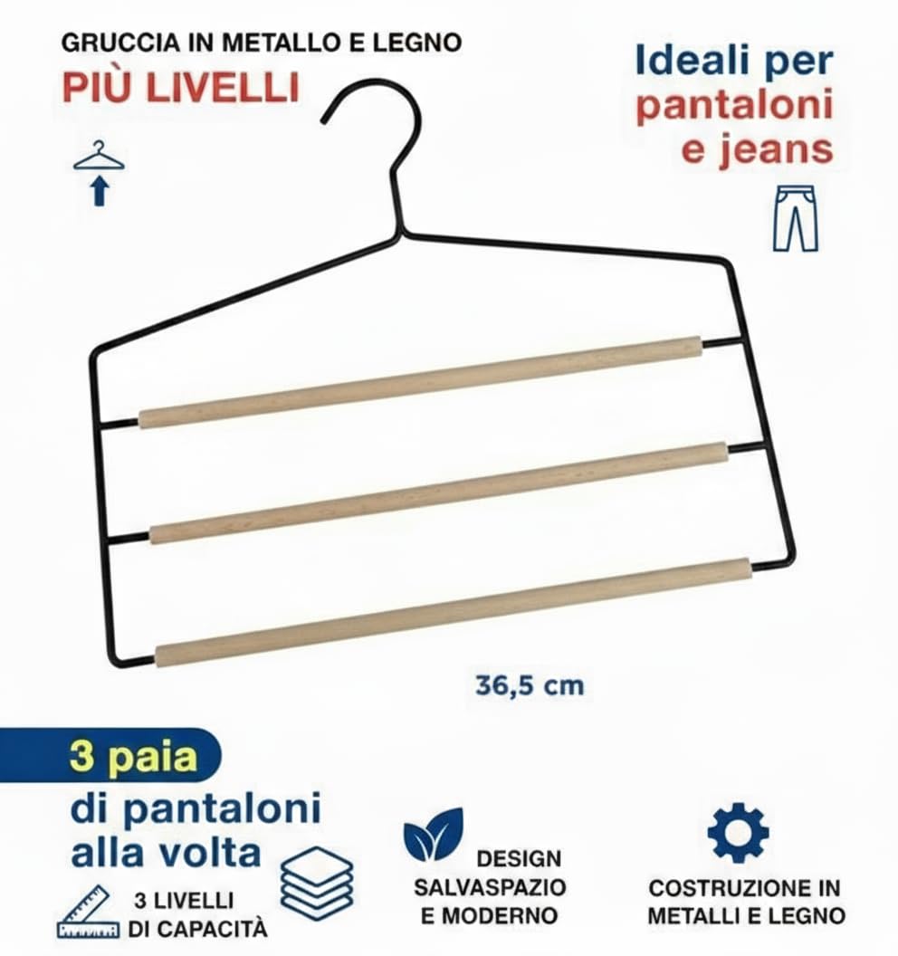 Gruccia Portapantaloni 3 Livelli 36,5cm - Metallo e Legno - Salvaspazio Organizer Armadio