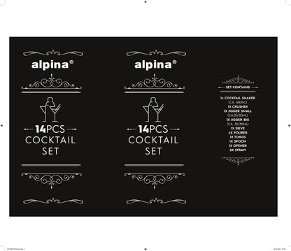 Set da cocktail completo – 14 pezzi – shaker/stamper/jigger/ecc, in acciaio inox