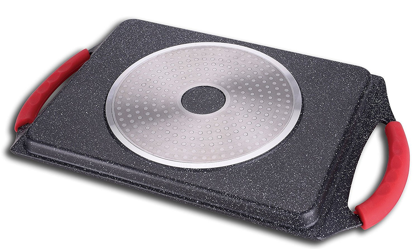 Bistecchiera Pietra Vulcanica 36x24cm Antiaderente - Induzione e Tutti i Piani - Maniglie Silicone