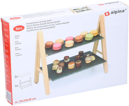 Supporto Portata 2 Piani Ardesia e Legno Alpina 28x18cm - Vassoio Antipasti Snack Dolci