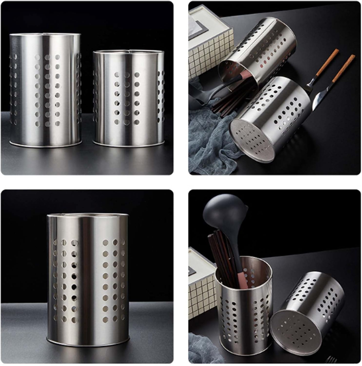 FERCASASHOP Metal Cutlery Holder, Set of 2, 16x10 cm and 18x12 cm, Silver Utensil Holder for Chopsticks, Knives, Forks, Scissors