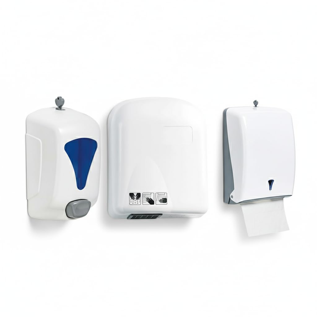 Kit Bagno Professionale 3 Pezzi - Dispenser Sapone 900ml + Asciugatore Elettrico + Distributore Salviette 600 Fogli