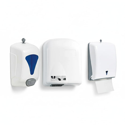 Kit Bagno Professionale 3 Pezzi - Dispenser Sapone 900ml + Asciugatore Elettrico + Distributore Salviette 600 Fogli