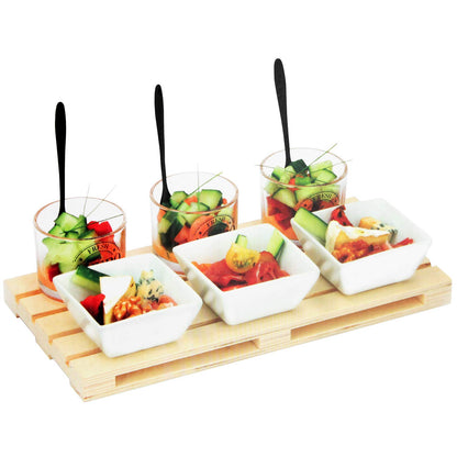 Set di 10 antipasti con vassoio in legno, bicchieri in vetro, ciotole in ceramica e cucchiaio, piatti da portata