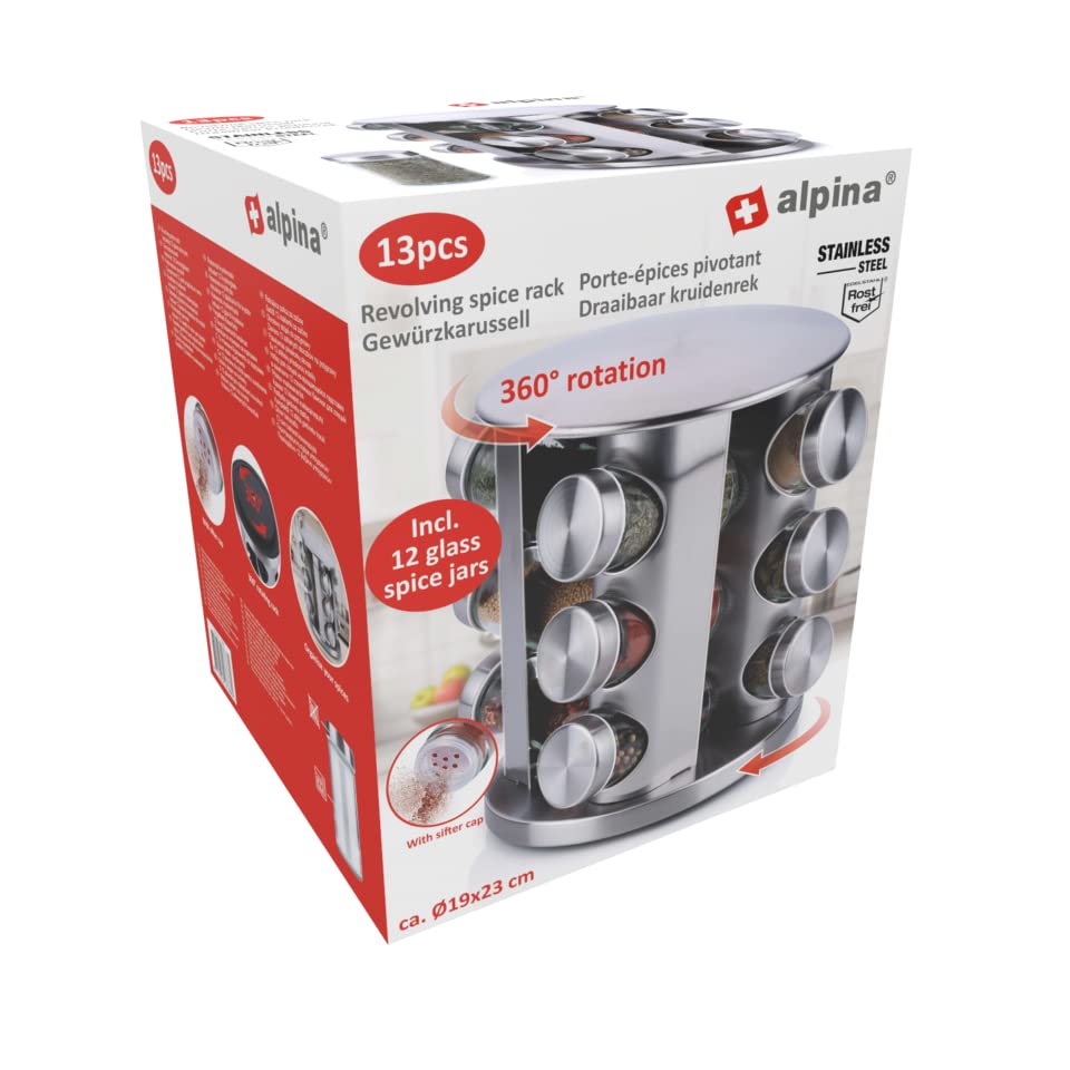 Alpina. Porte-épices rotatif avec 12 verres, Ø 19 x 23 cm, rotation à 360°, acier inoxydable