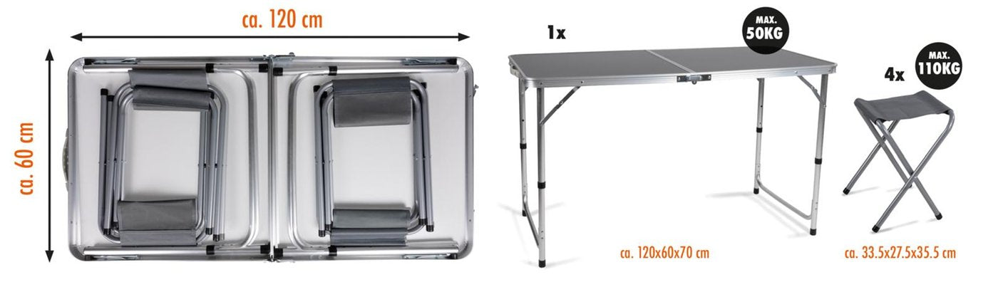 Set Tavolo Pieghevole 5in1 con 4 Sedie | Altezza Regolabile 3 Livelli | Campeggio, Picnic, Giardino | Nero