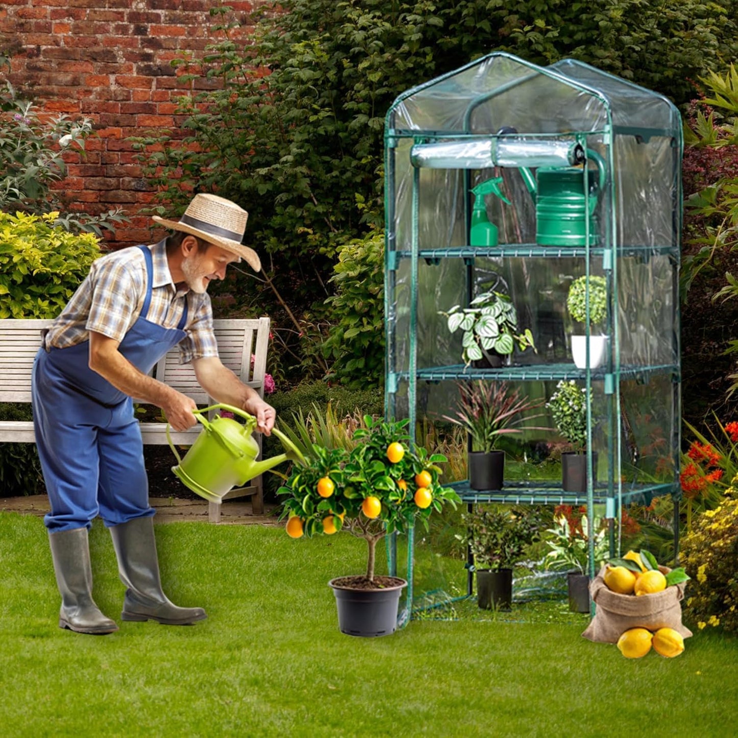 Serre de jardin à 4 étagères, 158 x 68 x 50 cm, verte, porte enroulable, pour balcon et terrasse