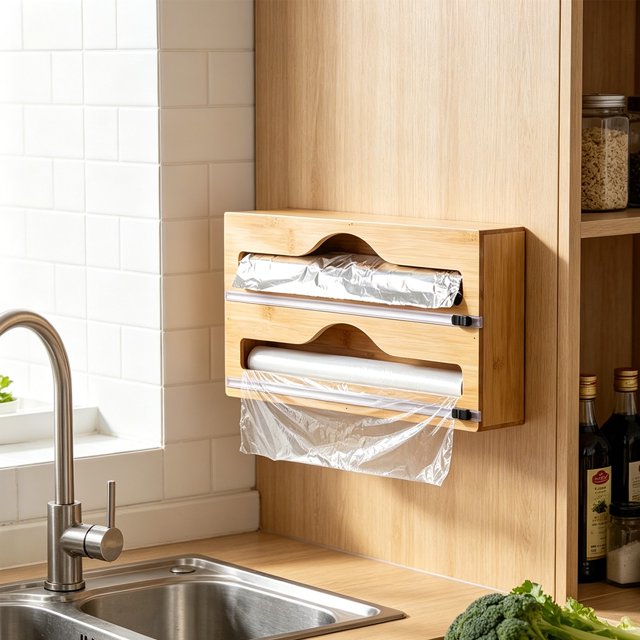 Dispenser Porta Rotoli da Parete in Bambù con 2 Taglierine 35 x 15 x 7,5 cm