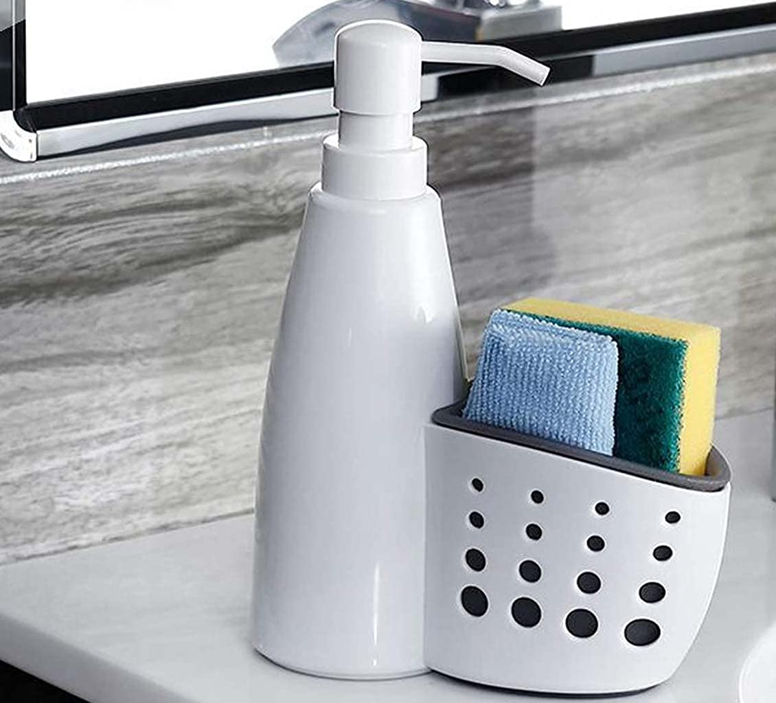 Dispenser Sapone Ricaricabile Con Porta Spugna in polipropilene bianco Dosatore Per Detersivo Piatti Con spugna e panno in microfibra in dotazione