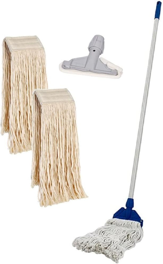 Set Mop Professionale Cotone 400g - 2 Ricambi + Manico Alluminio 140cm + Pinza - Lavapavimenti