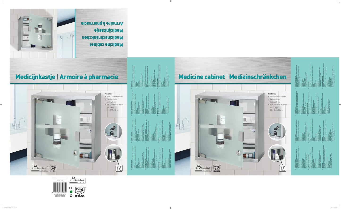 Armadio Medicinale Bianco con Porta in Vetro 30x12x30cm - Armadietto Farmaci da Parete