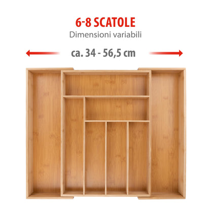 Portaposate da Cassetto - Organizer Casetti Cucina Estensibile 46 x 34-56,5 x 6 cm - Organizzatore Cassetti con 6 a 8 Scomparti - Per Utensili da Cucina, Occhiali da Sole e Altro - Bambù