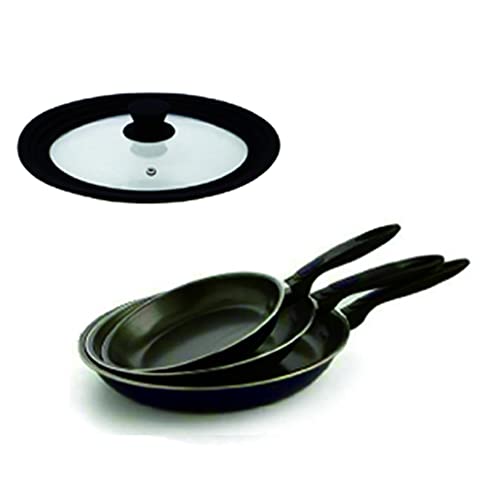 ENSEMBLE DE 4 POÊLES ANTIADHÉSIVES AVEC COUVERCLE UNIVERSEL EN VERRE ET EN SILICONE DIAM. 24/26/28 CM.