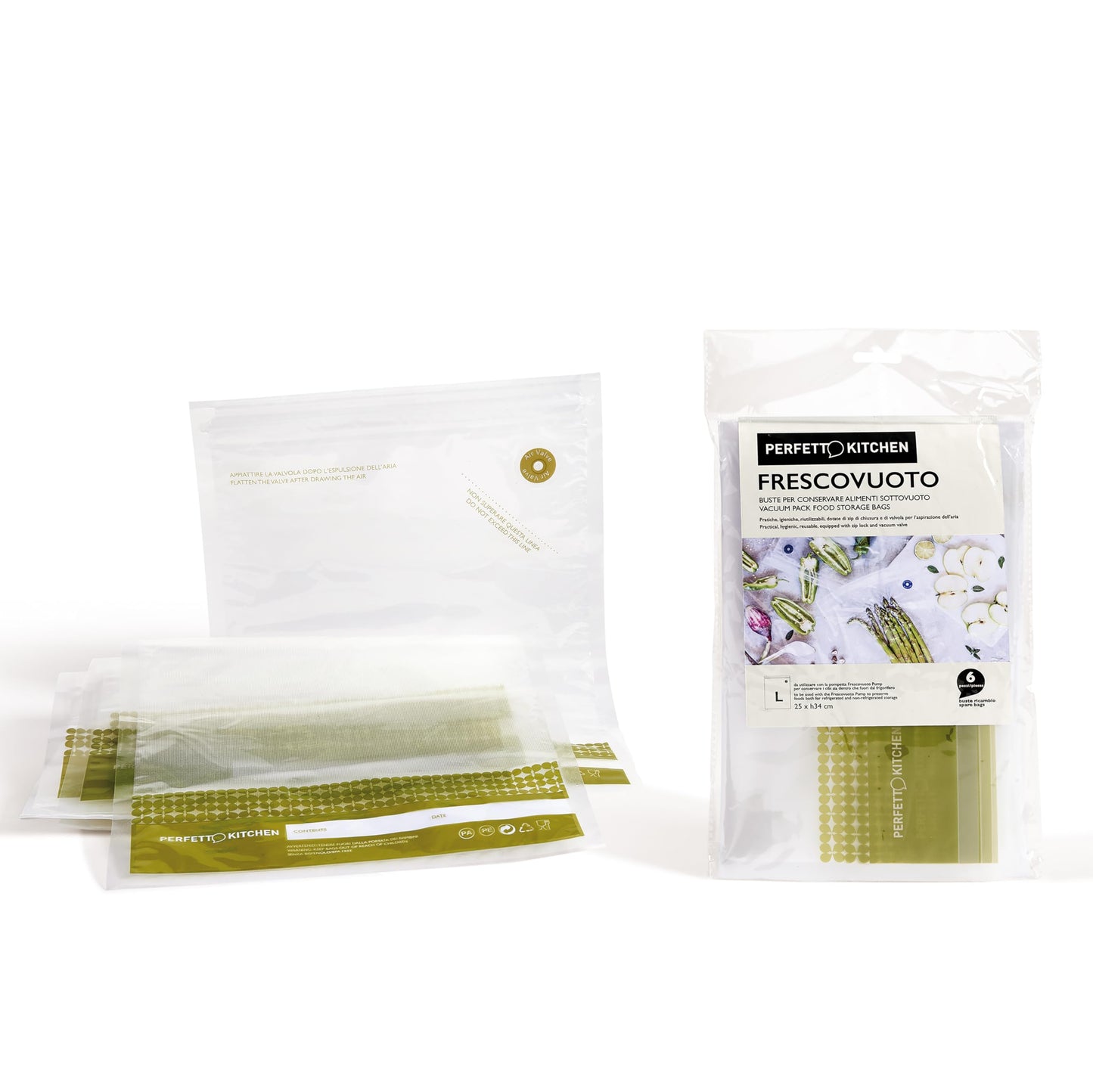 Buste Sottovuoto Frescovuoto L - 6 Pezzi Riutilizzabili 25x34cm per Conservazione Alimenti