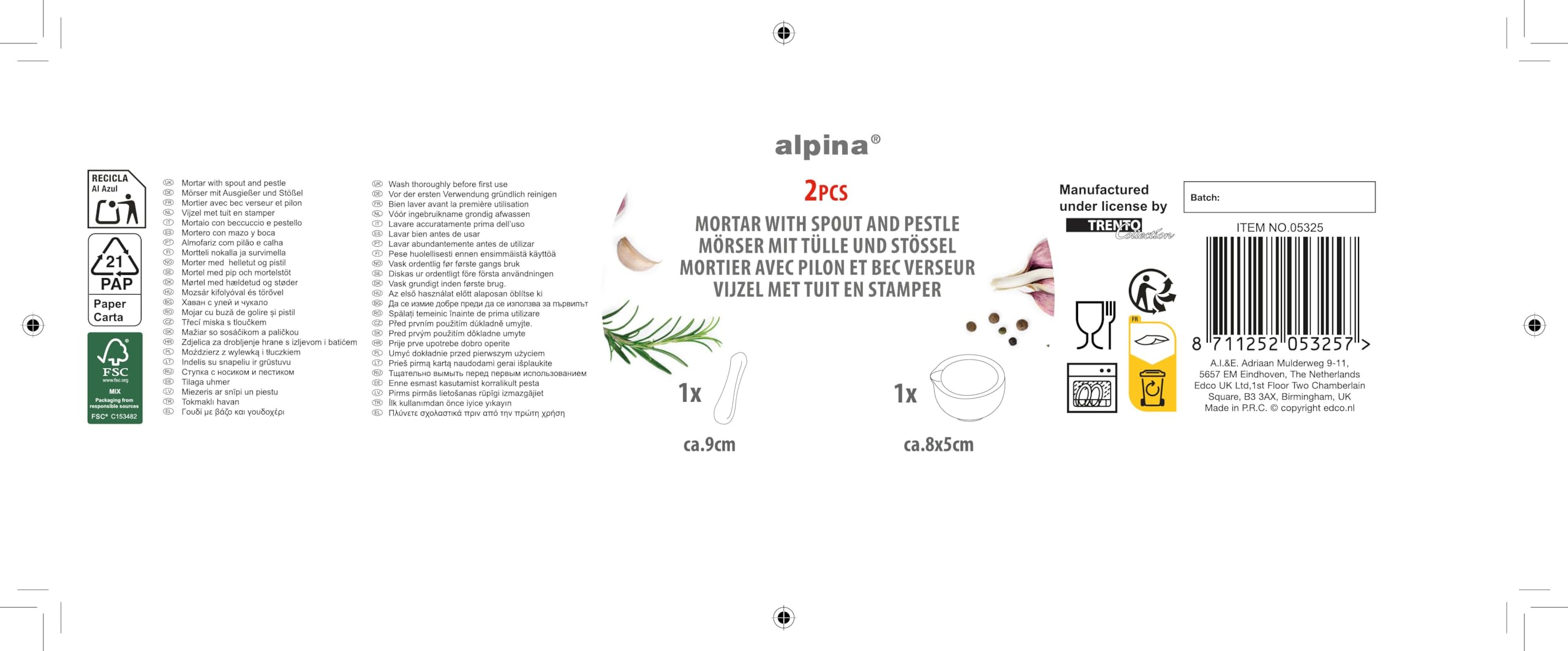 Mortier et pilon Alpina 8,5 cm en porcelaine blanche - Broyeur à épices, herbes et ail pour la cuisine