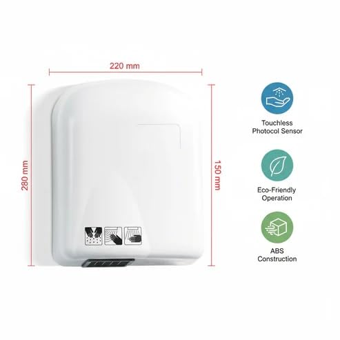 Electric Hand Dryer Mod. Ventos in ABS, Dimensions 220 x 150 x 280 h, for Safety with Stop and Go Photocell