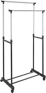 Stand Appendiabiti Allungabile da Terra in Acciaio Telescopico Allungabile con Ruote Attaccapanni 80 X 43 X 90/160 cm (Doppio)