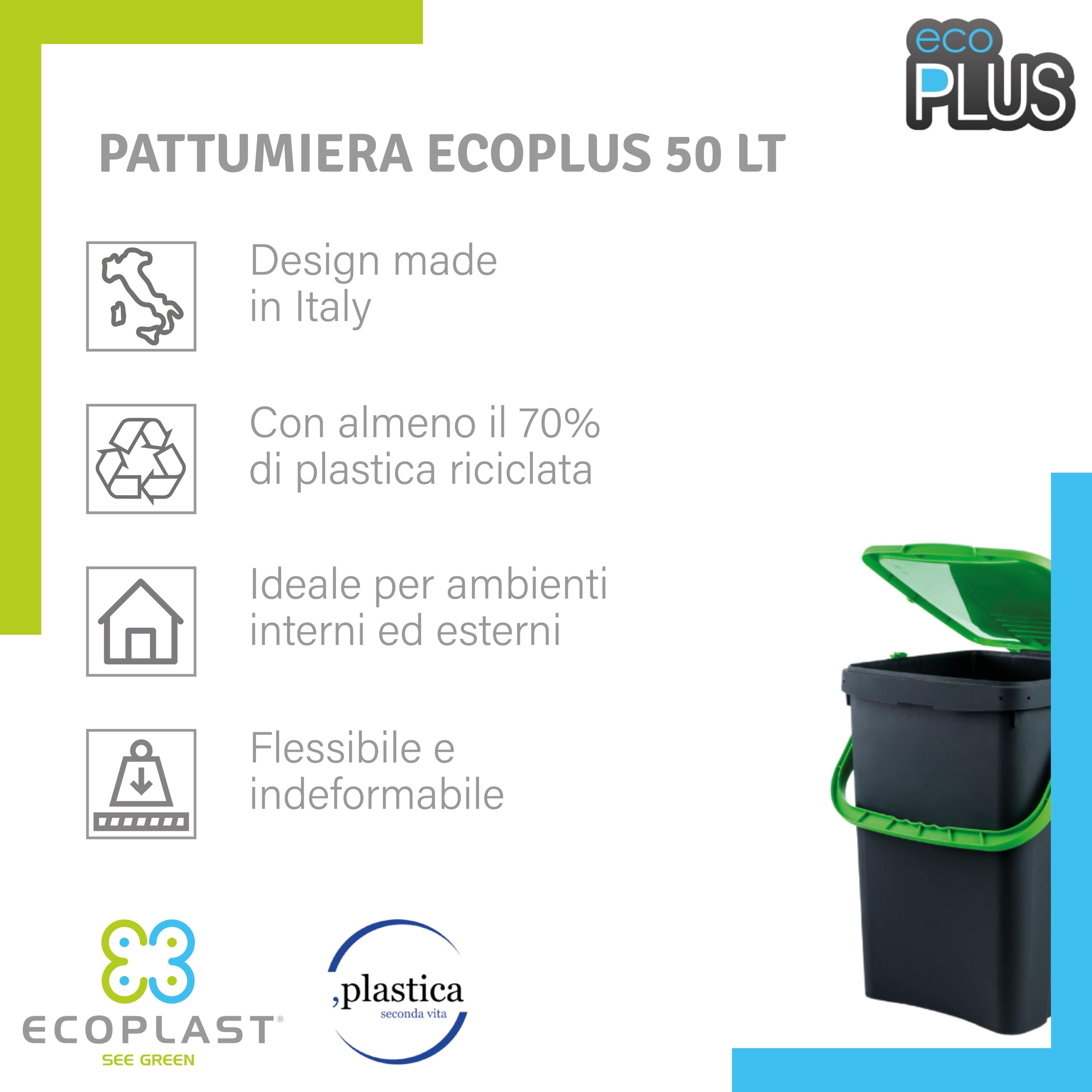 Poubelle de tri sélectif, ouverture type livre, flexible et indéformable, résistante à toutes les températures, idéale pour l'intérieur et l'extérieur, capacité 50 L, fabriquée en Italie