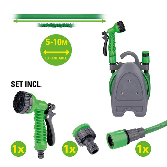 Tubo Flessibile da Giardino Estensibile 10m Kinzo - Con Supporto e Ugello 7 Modalità
