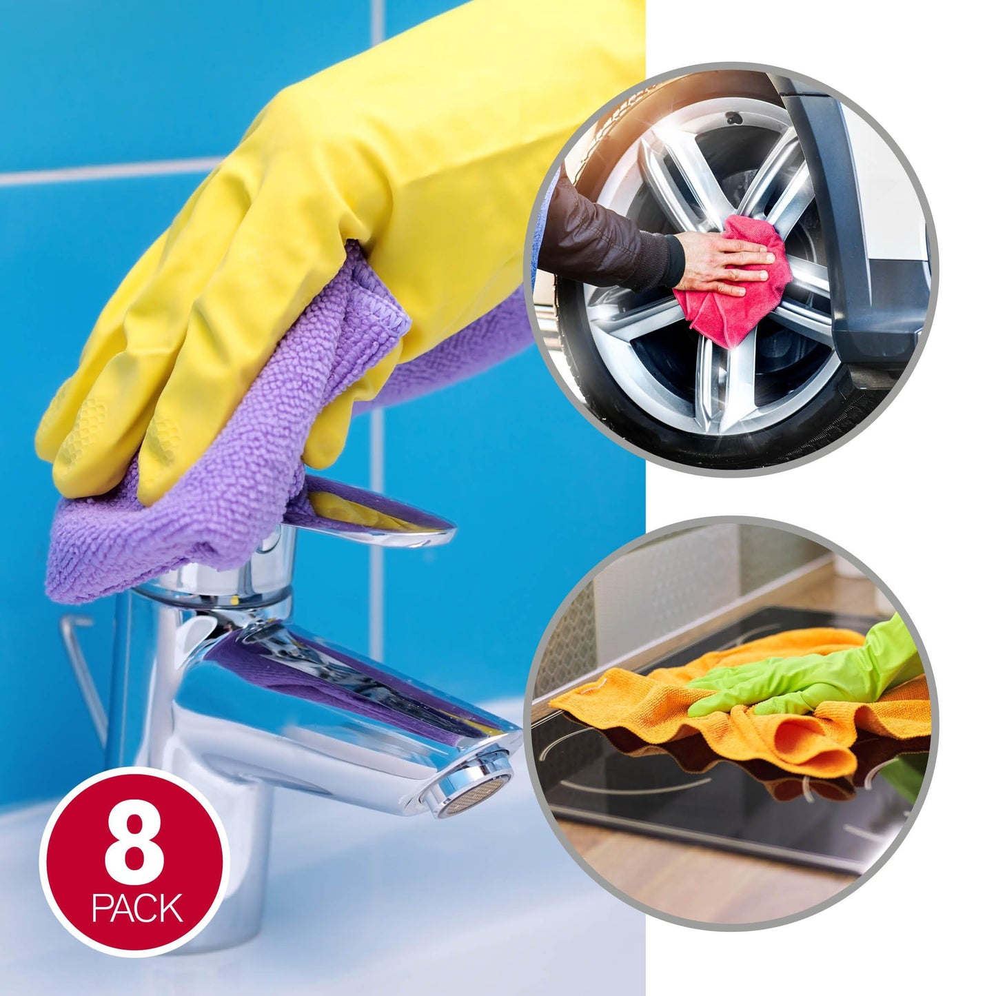 Panni per la Pulizia in Microfibra Confezione da 8, Strofinacci senza Pelucchi e senza Strisce, Asciugamano Riutilizzabile Lavabile per Casa, Cucina, Auto, Vetri, Pavimenti 30cm x 30cm