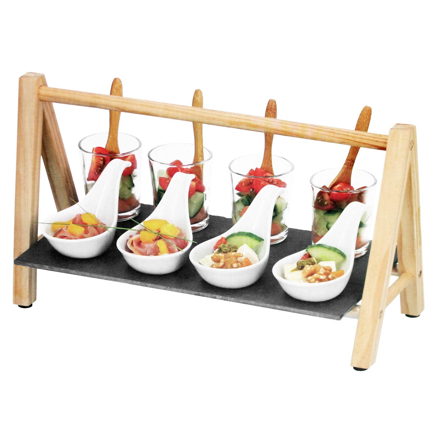 13-piece set, appetizer set with serving stand, glass cups, ceramic bowls and spoon, serving bowls