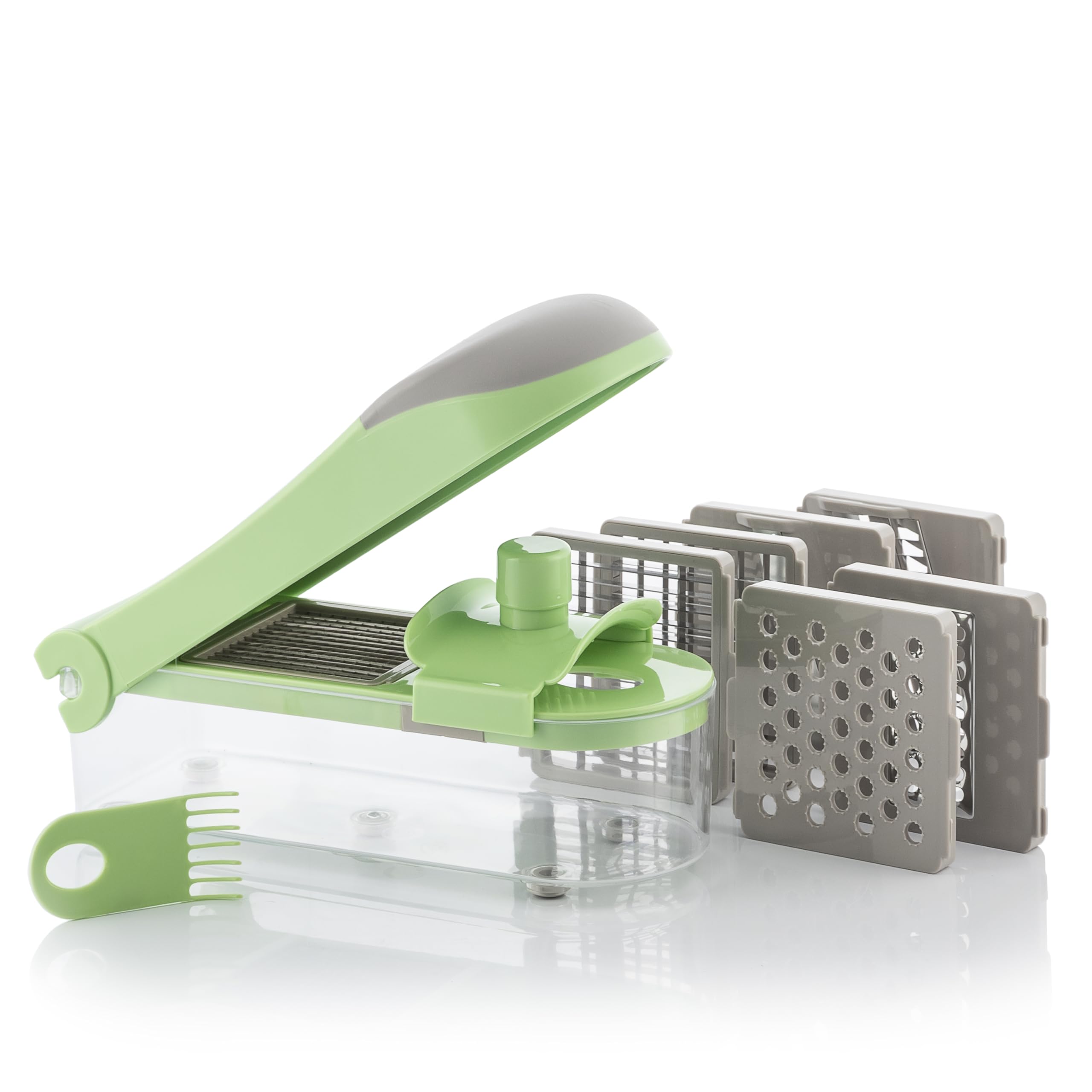 Choppie Expert 7 en 1 Coupe-légumes, râpe et mandoline avec recettes et accessoires, multifonctionnel, lames en acier inoxydable, récipient et gant, couleur verte.