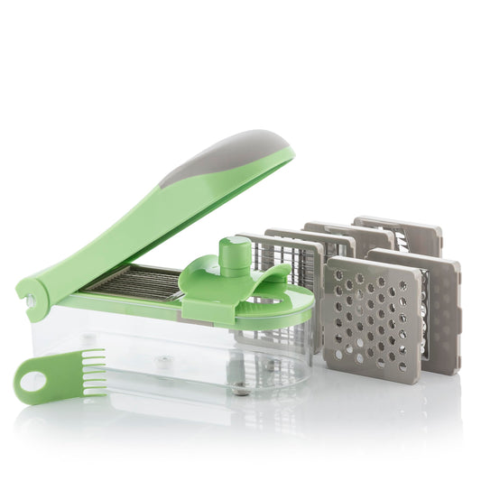 InnovaGoods® Choppie Expert 7-in-1 Vegetable Cutter, Grater and Mandolin with Recipes and Accessories, multifunctional, stainless steel blades, container and glove, green.