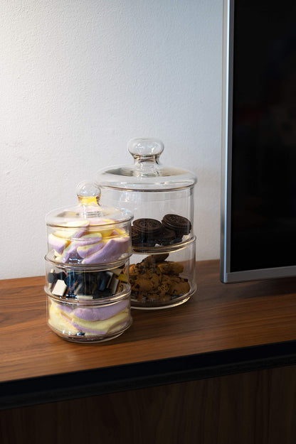 Contenitore Barattolo Porta Dolci Bon Bon con 3 Barattoli Impilabili in Vetro e Coperchio per Confettata Feste e Cerimonie