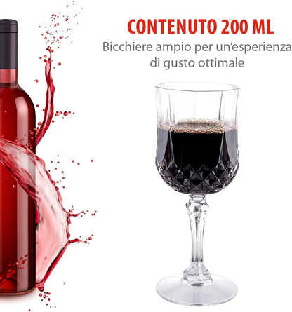 Bicchieri da Vino Plastica Set da 6 - Calici Vino da 200ml - Bicchiere da Vino con Effetto Cristallo - Adatto per Bevande, Vino Rosso e Bianco - Lavabile a Mano - Trasparente