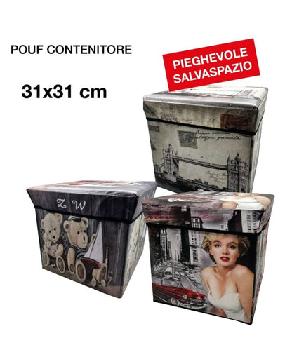 Pouf Contenitore Pieghevole Salvaspazio 31x31 cm - Design Vintage