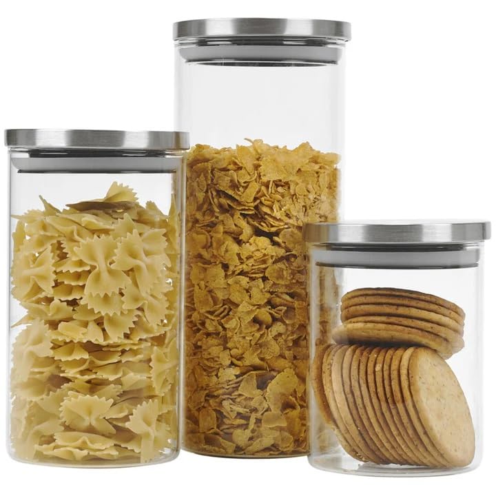 Set 3 Barattoli Vetro Ermetici con Coperchio Metallo - 650ml 950ml 1400ml - Contenitori Cucina per Pasta Cereali Biscotti - FercasaShop®