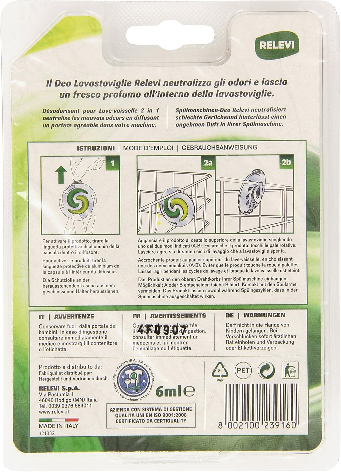 Désodorisant pour lave-vaisselle Relevi 6 ml - Élimine les odeurs et rafraîchit