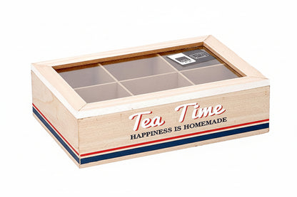 Scatola Porta Tè in Legno con Vetro - Organizer 6 Scomparti Tea Time Vintage