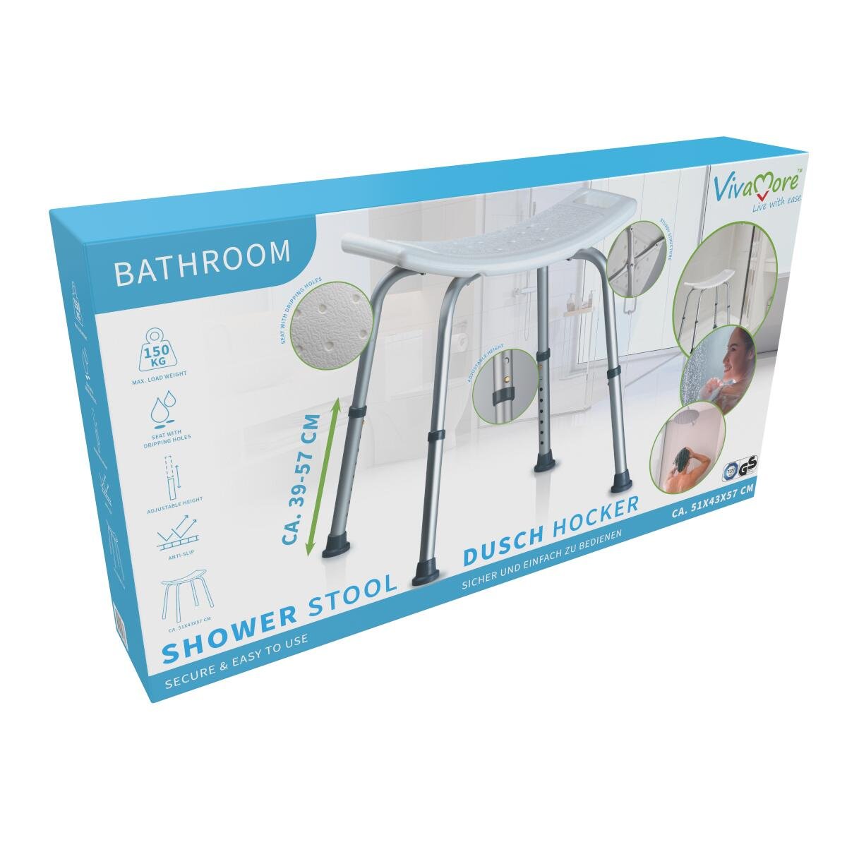 Sgabello da Doccia Regolabile Antiscivolo – Portata 150 kg