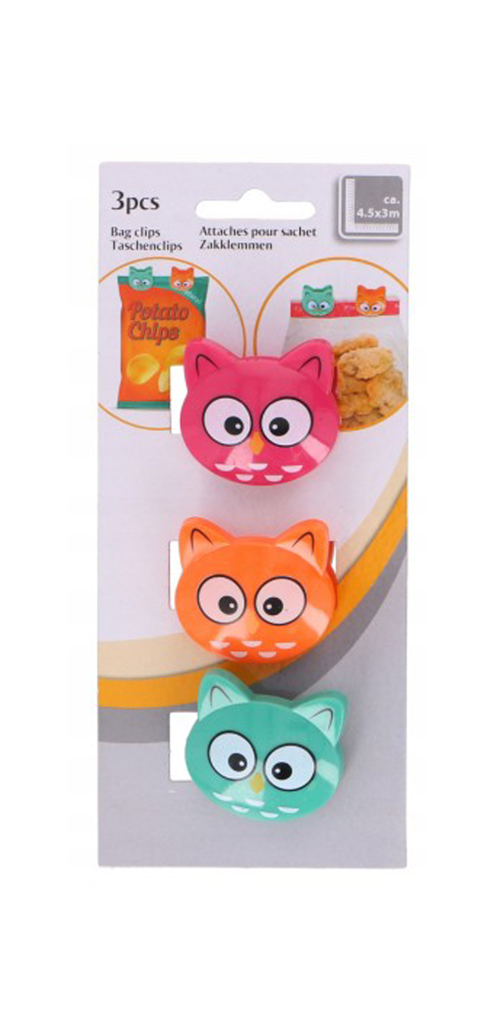 Set 3 Clip Chiudi Sacchetti Gufi Colorati Salva Freschezza