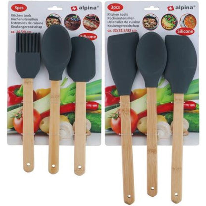 Set 3 Utensili Cucina Silicone Alpina - Spatola Pennello Cucchiaio Manico Legno
