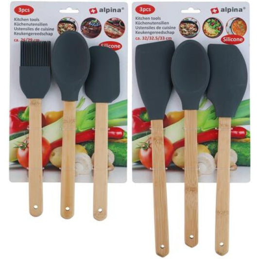 Set 3 Utensili Cucina Silicone Alpina - Spatola Pennello Cucchiaio Manico Legno